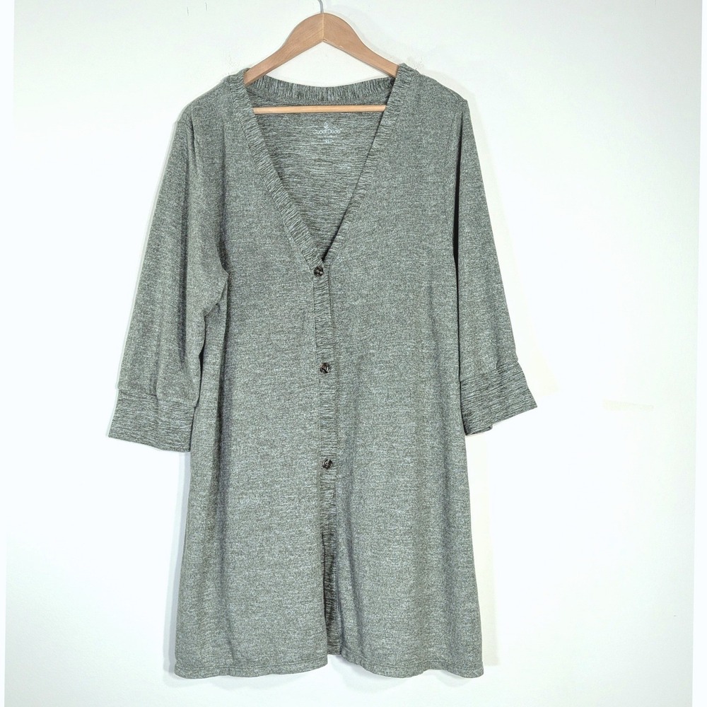 Cuddl Duds Olive Green Cardigan; 3/4 Sleeve V-Neck Longline Knit Top